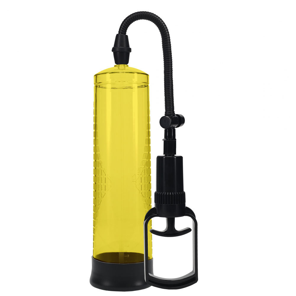 Basic transparent penis pump with measurement cylinder and soft silicone entry sleeve for erectile support and enhancement, yellow, front size  | Flirty bay online adult store, adult toys and lingerie